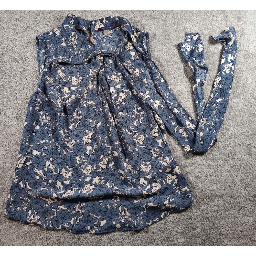 Tommy Hilfiger Women's Sleeveless Floral Blue Cream Top L Gold Buttons